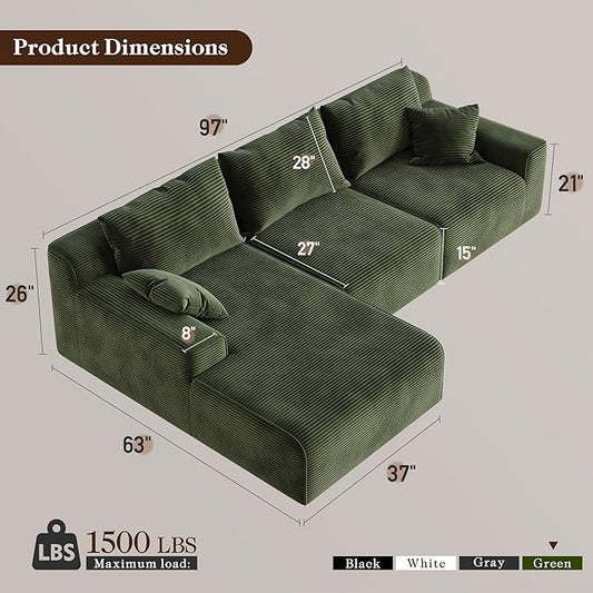 Homkdom L-Shaped Cloud Boneless Couch with Deep Seat, Modular Sectional Sofa with Oversized Chaise, 6 Layouts Combination for Living Room, Apartment, No Assembly (Green, Left Chaise)