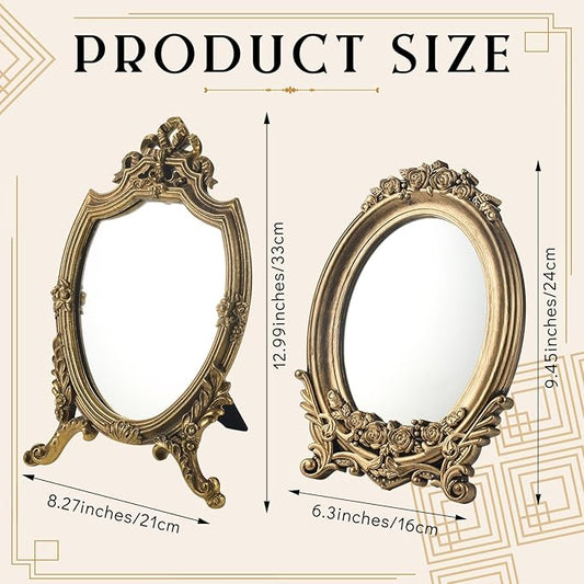 Threehoney 2 Pcs Small Gold Vintage Mirror Antique Vanity Makeup Desk Mirror Traditional Arch Tabletop Mirrors with Stand Baroque Decorative Wall Art for Living Room Bedroom Dresser Decor
