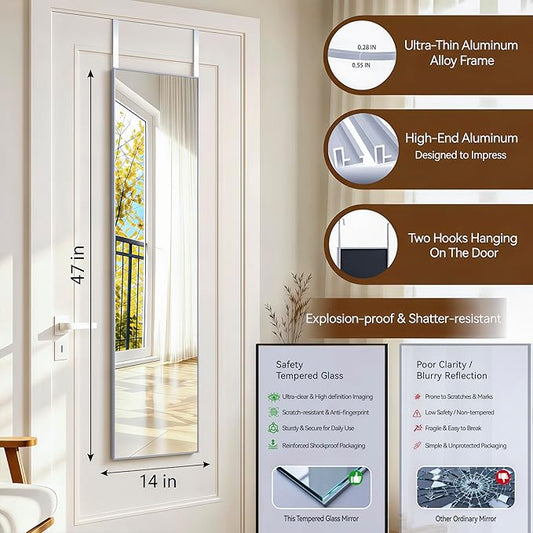 NARCISSUS 47x14 Mirror Door Hanging Full Length,Over Door or Wall Mounted Aluminum Alloy Frame Tempered Glass Rectangle Full Body Mirrors for Bedroom Dressing Living Room Bathroom 47 inch Silver