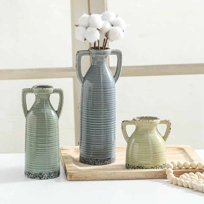 Ceramic Vases Set of 3, Neutral Rustic Farmhouse Vase with Handle, Decorative Flower Vases Home Decor Modern Boho Pampass Vase for Table Mantel Entryway Shelf Living Room Kitchen Bathroom - Multicolor