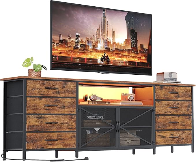 RALGEND 75/80/85 Inch TV Stand with Storage, TV Stands for Living Room, Long TV Stand with 8 Fabric Drawers, 71" Large Entertainment Center TV Console with Mesh Door, Rustic Brown