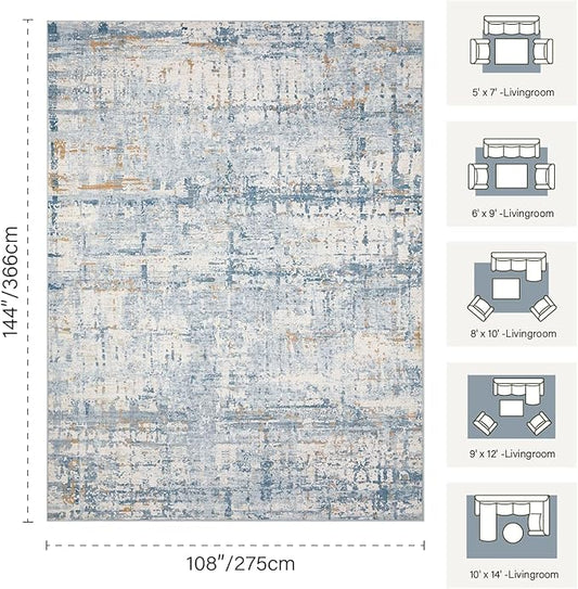 9x12 Area Rug for Living Room, Extra Large Washable Rug, Soft Blue Abstract Rug for Bedroom, Office, Farmhouse, Low Pile Imitation Wool Non Slip Carpet Ideal for High-Traffic Areas, Blue Beige