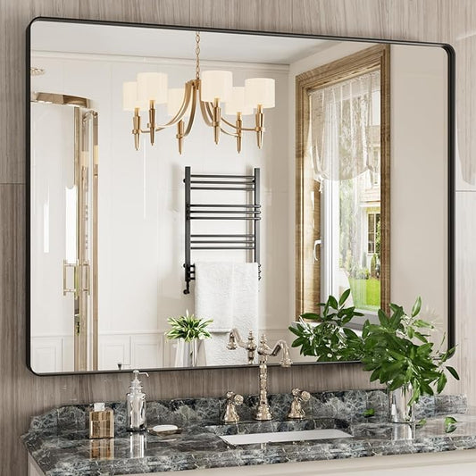 JISOSO Black Bathroom Mirror 48X36 Inch, Black Metal Framed Mirror for Wall, Rounded Rectangle Matte Bathroom Vanity Mirror with Tempered Glass, Anti-Rust, Horizontal/Vertical