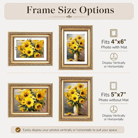 JCJMY 5x7 Vintage Picture Frame with 4x6 Mat Set of 2, Elegant Retro 5 by 7 Photo Frame with Shatter-Resistant Plexiglass for Wall or Tabletop Display, Gallery Decor & Gift, Gold, 2 Pack