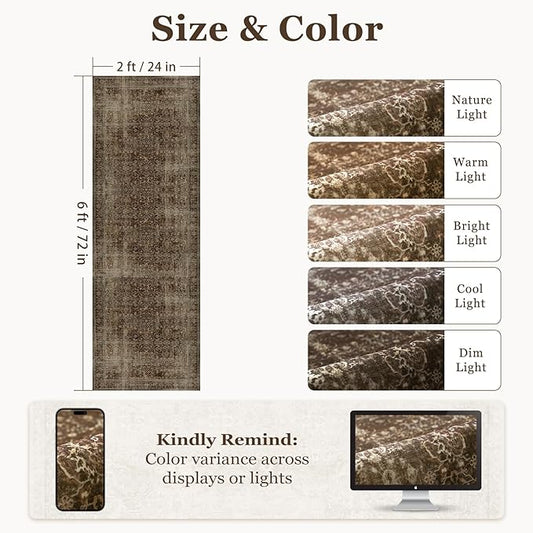 Brown Coffee Hallway Runner Rug 2x6, Dark Earth Tone Kitchen Runners Non Skid Washable 6ft, Aesthetic Distressed Carpet Floor Runners for Entryway Indoor Bedroom Bathroom, Vintage Warm Brown