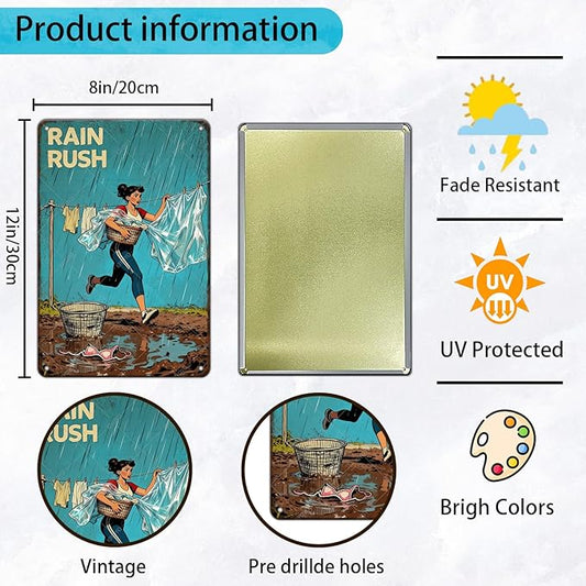 Rain Rush Laundry Vintage Tin Sign Funny Sarcastic Retro Housewife Design Mom Laundry Room Wall Decor 12x8 Inch