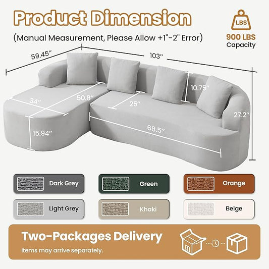 103" L Shaped Boneless Sectional Couches for Living Room, Curved Modular Sectional Sofa with Chaise, Modern Cloud Couch Deep 3 Seat No Assembly, Light Grey