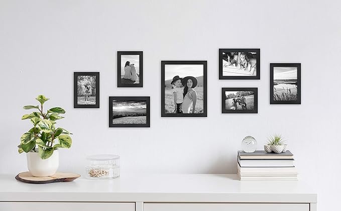 MCS Gallery Essential Picture Frame Set 4x6, 5x7 & 8x10 Black Woodgrain, Gallery Wall Vertical & Horizontal Hanging Frames for Photos & Art Prints (7-Pack)