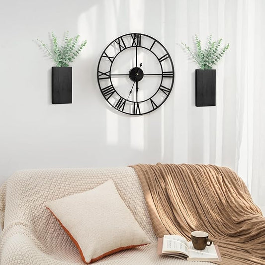 Dahey 2 Pack Wood Wall Planter Vase with Artificial Eucalyptus Farmhouse Wall Hanging Decor Pocket Planter for Indoor Fake Plants Greenery, Living Room Bedroom Kitchen Home Office Decoration, Black