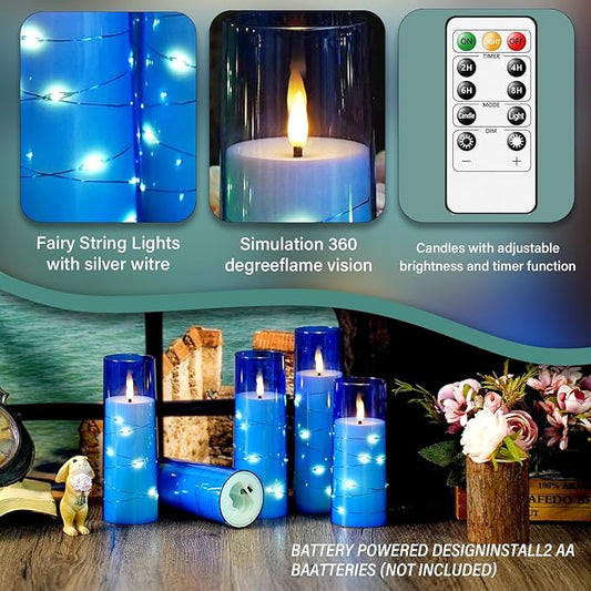 kakoya Flameless LED Candles with Timer 9 Pc Flickering Flameless Candles for Romantic Ambiance and Home Decoration Stable Acrylic Shell,with Embedded Star String,Battery Operated Candles(Blue)