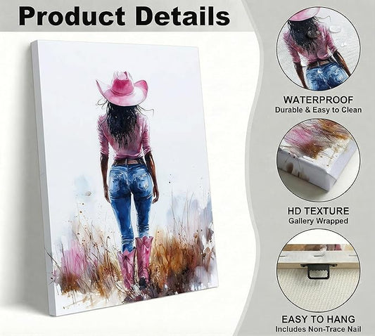 Pink Black Girl Canvas Wall Art Fashion Cowgirl Wall Decor Picture West African American Girl Wilderness Cowgirl Poster Printing for Teen Girls Room Preppy Dormitory Bedroom Artwork Home Decoration