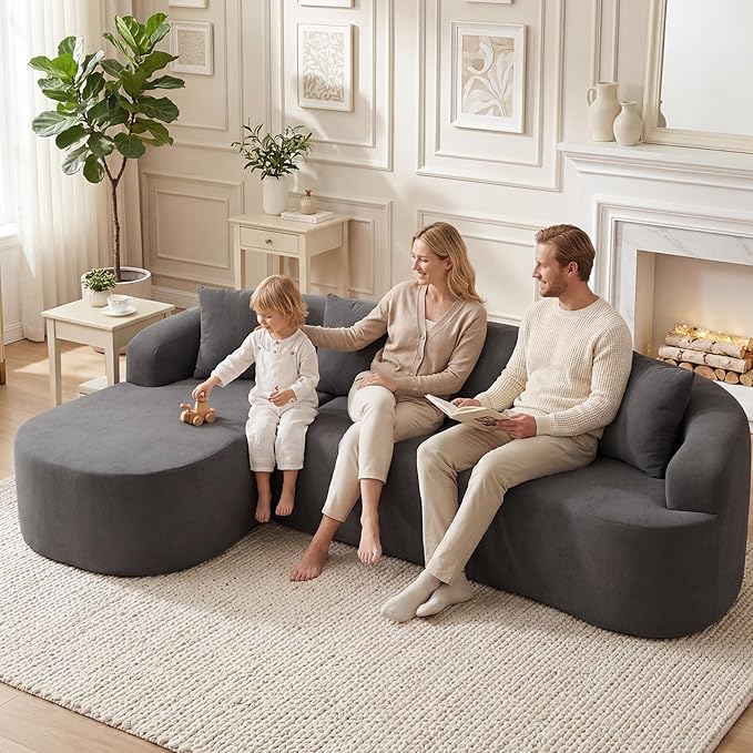 103" L Shaped Boneless Sectional Couches for Living Room, Curved Modular Sectional Sofa with Chaise, Modern Cloud Couch Deep 3 Seat No Assembly, Dark Grey