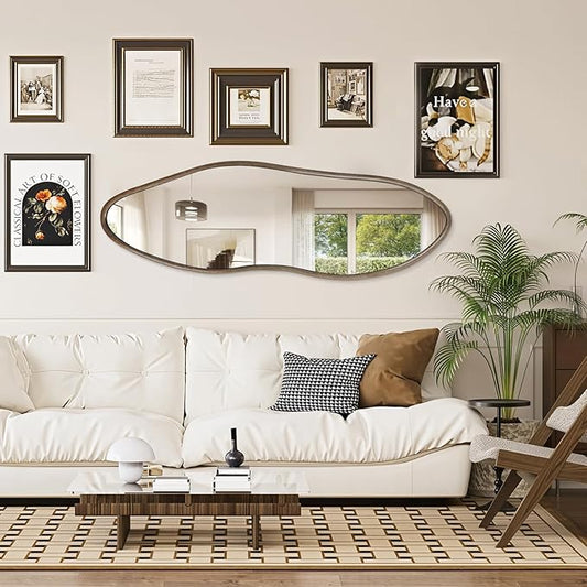 Irregular Full Length Mirror, 65"x22" Wooden Farmhouse Full Body Mirror, Large Asymmetrical Wall Mirrors for Living Room Entryway, Horizontal/Vertical, Vintage Walnut
