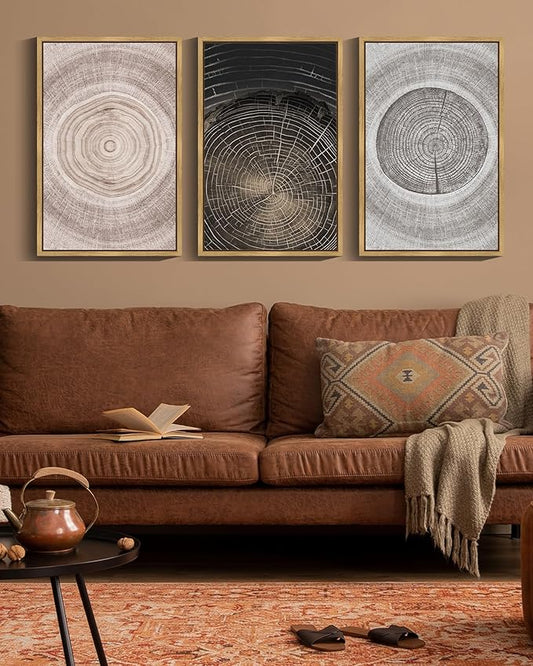 PHOPAGO Vintage Wood Tree Rings Wall Art 16x24in Farmhouse Rustic Framed Canvas Paintings Living Room Bedroom Decor Nature Artwork Natural Framed