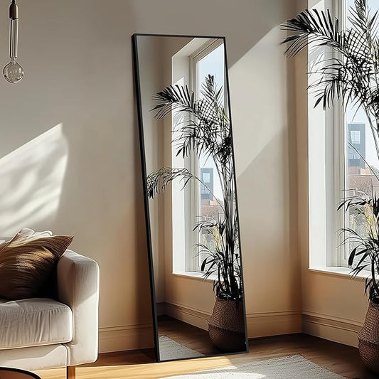 Delma Full Length Standing Mirror,Large Floor Mirror with Aluminum Frame for Bedroom, Bathroom, Living Room,Wall Mount or Freestanding Design(with Stand,Rect 69x24-Black)