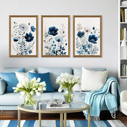 DUWQU 3 Pieces Blue Floral Canvas Wall Art, Wood Framed Navy Blue Wildflower Lily Daisy Wall Decor, Watercolor Botanical Flower Home Poster Art Prints for Living Room Bedroom Bathroom 20×30 Inches