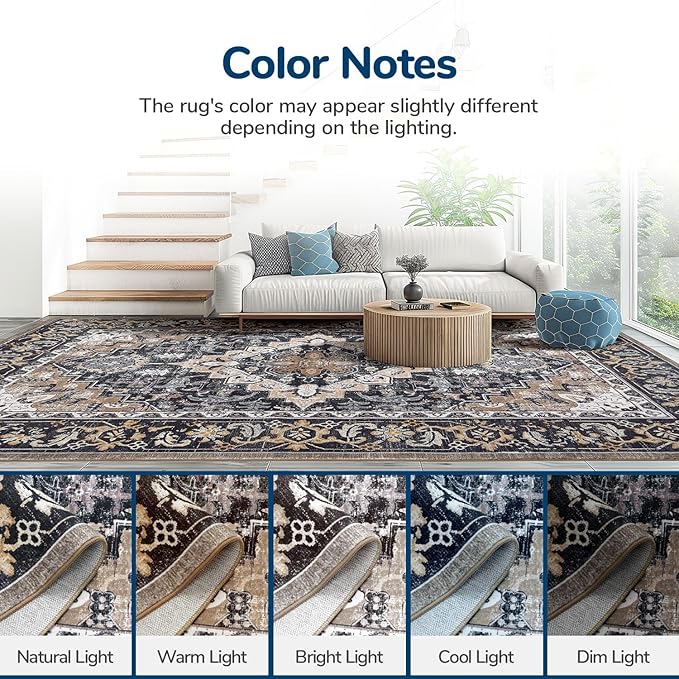 Lessymo 2 x 4 Entryway Rug, Machine Washable Area Rugs Boho Faux Wool Low Pile Area Rug for Bedroom, Floral Medallion Vintage Outdoor Rugs with Non-Slip Rubber,Black Brown