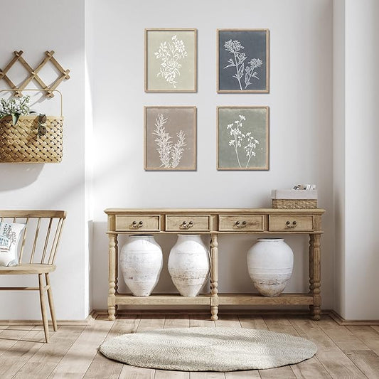 Liswit Framed Boho Wall Art Set of 4 for Wooded Minimalist Botanical Print Wall Art for Rustic Vintage Farmhouse Home Kitchen Wall Decor (Brown, 8"x10")