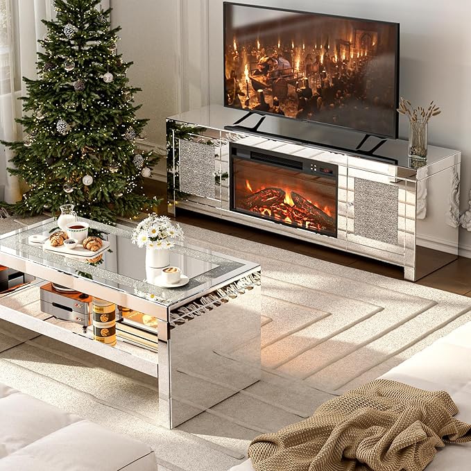 IKIFLY Mirrored Fireplace TV Stand, Mirrored Media Entertainment Center for TV up to 55 inch, Silver TV Console Table Mirrored Furniture for Living Room