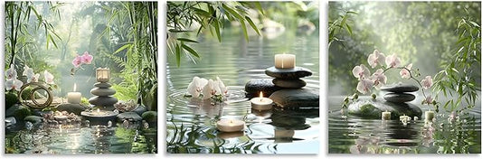 TutuBeer 3 Pcs Zen Wall Art Zen Pictures for Bathroom Spa Still Life Spa Stone Green Bamboo White Orchid on Water Pictures Print on Canvas for Home Office Wall Decor Stretched and Framed 16x16inchx3