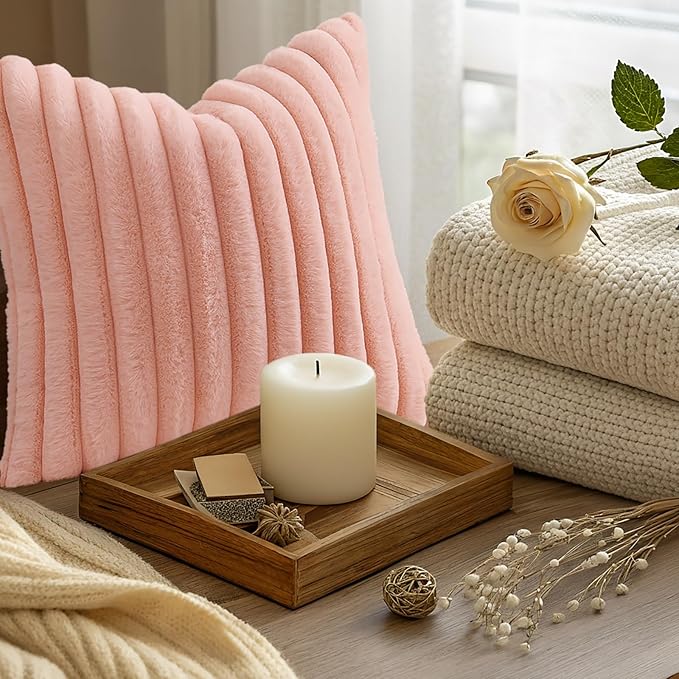 decorUhome Summer Cozy Faux Fur Throw Pillow Covers 16x16 Set of 2 Decorative Plush Striped Modern Farmhouse Boho Couch Pillow Cases with Velvet Back for Sofa Bed Living Room, Blush Pink