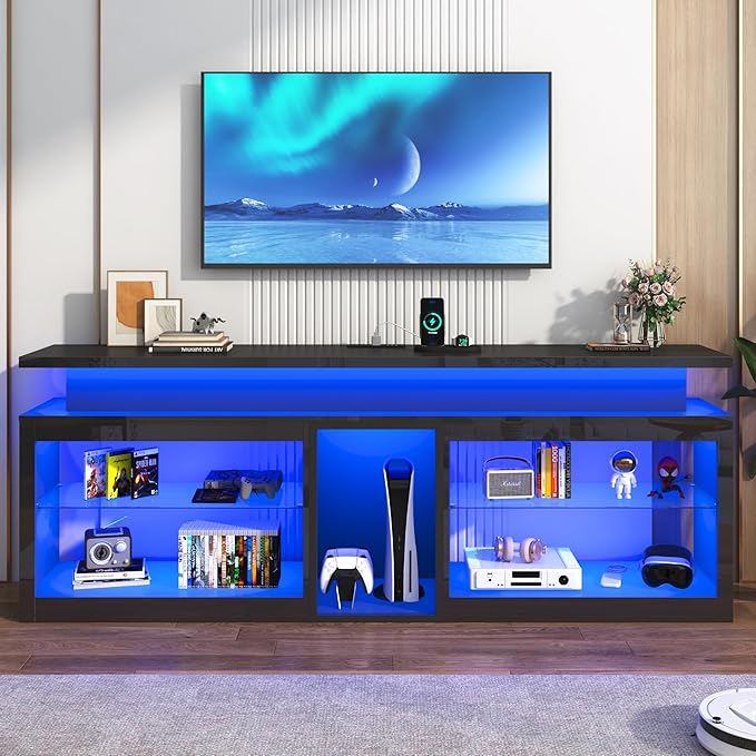 71" LED TV Stand with Power Outlet,60-Colors LED Lights For 65 70 80 in TV,High Gloss Gaming Entertainment Center w/Adjustable Shelves,Black TV Console with Modern Design for Living Room Bedroom