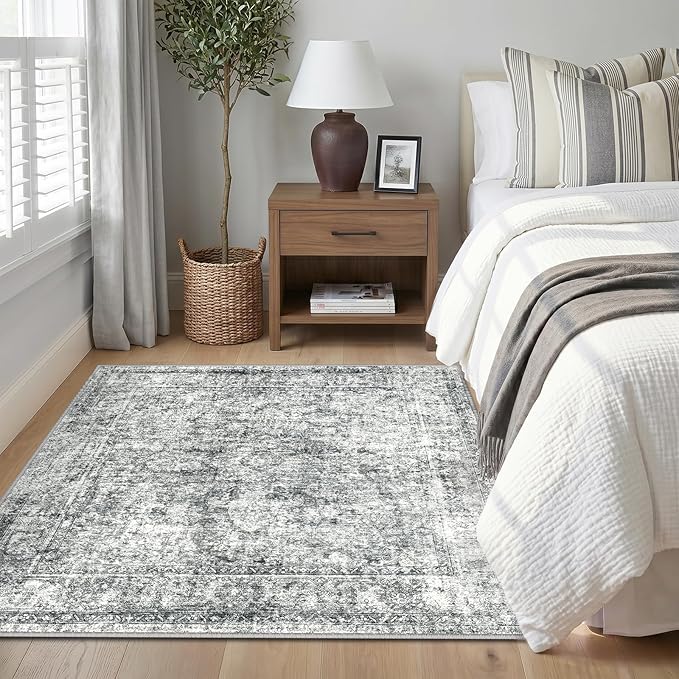 CAPALOCA Machine Washable Rugs Nursery Rug Sq5ft Cute Girl Non Slip Low Pile Water Repellent Soft Print Pattern for Bedroom Indoor Decor Kids Playroom Grey