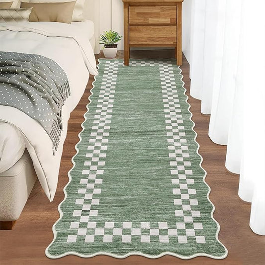 Washable Runner Rug 2x10 Modern Bordered Hallway Runner Rug Non Slip Kitchen Throw Carpet Checkered Bathroom Entryway Runner Rugs Low Pile Solid Area Rugs for Living Room Bedroom Nursery Sink, Green
