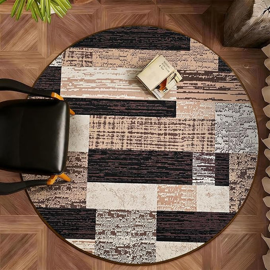 FlyDOIT Modern Round Area Rug for Living Room, 5Ft Washable Round Rug Chocolate Geometric Patchwork Circle Rugs for Dining Room Table, Large Circular Floor Carpet for Bedroom Home Office