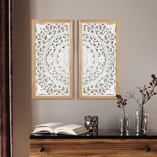 AHUONEL 2 Panel Wall Art Decor Wall Sculpture, Carved Wood Wall Decor Wall Hanging Decor, Rustic Farmhouse Wall Decor for Living Room Bedroom Entryway Hall Office Home Decor, 23"x11.5"