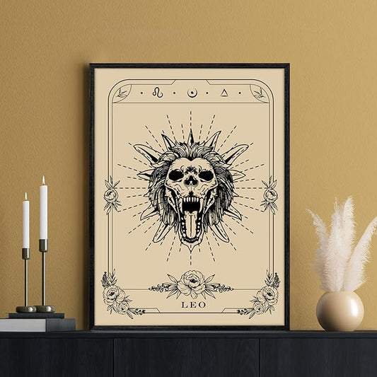 SERIMINO Witchy Framed Wall Art, Leo Tarot Canvas Prints Paintings, Horoscope Dark Academia Home Decor Aesthetic, 16x24inch Gothic Wall Decor for Room