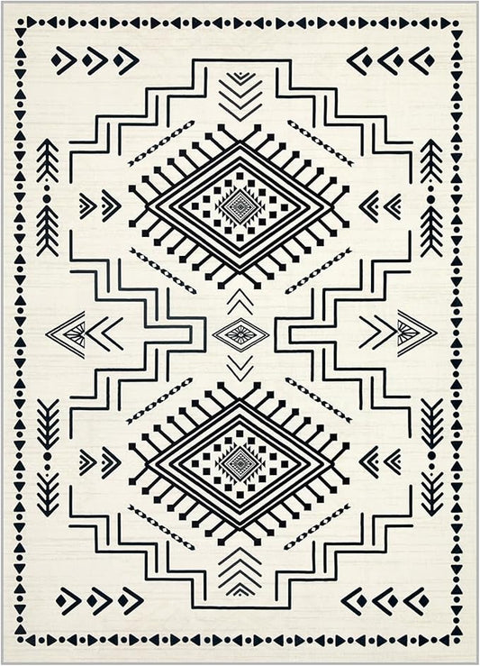 Joydeco 5x7 Moroccan Living Room Rugs, Modern Washable Bedroom Rug, Western Low Pile Non Shedding Distressed Aztec Dining Room, Aztec Soft Non Slip Carpet for Office Home Decor, Ivory
