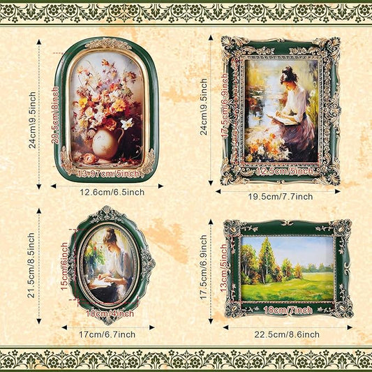 Geetery 4 Pcs Vintage Picture Frames Set, Green Ornate Baroque Frames for Gallery Wall, Antique Victorian Decorative Photo Frame for Tabletop or Wall Display, Shabby Cottagecore Home Decor