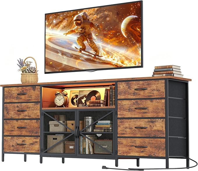 RALGEND Farmhouse TV Stand for 40/50/55 Inch TV, Small Entertainment Center with Storage Cabinets, Power Outlet & LED Light, Media Console Table with 8 Drawers for Living Room, Rustic Brown
