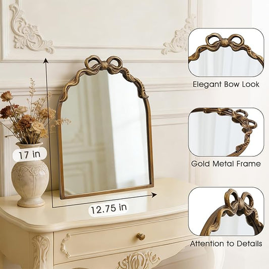 Gold Bow Mirror Vintage Wall Arched Mirror 13x17 Antique Ornate Baroque Mirror Decor with Metal Frame for Entryway Living Room Bedroom Nursery Hallway Fireplace