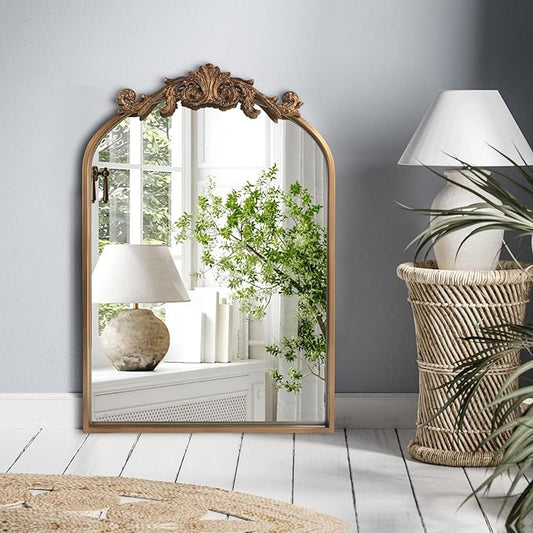 HQiJun Wall Mirror Window Decorative Traditional Vintage Ornate Baroque Mirrors Antique Arched Farmhouse for Living Room Bedroom Entryway Bathroom Vanity (27 * 19 * 1.2, Gold)