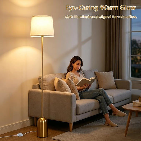 Gold Floor Lamps for Living Room, Dimmable Standing Lamp with Remote and Bulb, Modern Brass Tall Lamp with Heavy Metal Base, 3 Color Temperatures, Vintage Stand Up Light for Bedroom Reading Corner