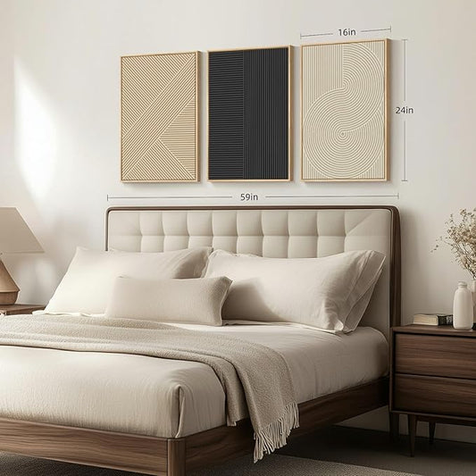 Framed Neutral Abstract Wall Art for Living Room, Set of 3 Piece Boho Modern Beige Canvas Artworks for Walls, Minimalist Geometric Painting Prints for Bedroom Hallway Home Office Wall Decor, 16x24 In