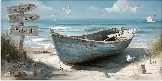 TutuBeer 1 Panel Coastal Bathroom Canvas Wall Art Nautical Boat on Beach Canvas Picture Ocean Seagull Seascape Prints for Wall Sea Bird Farmhouse Artwork for Bedroom Living Room Decor 12"x24"
