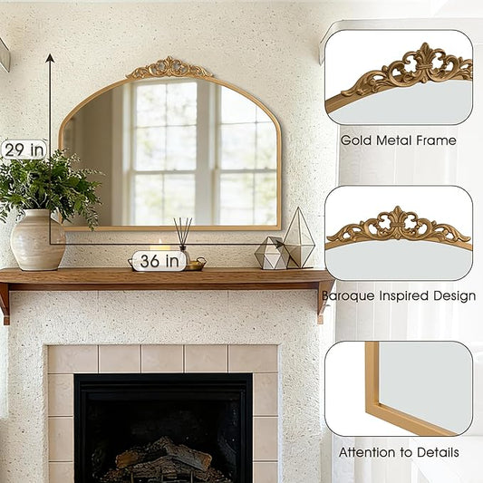 1 Set Vintage 36x29 Gold Antique Baroque Arched Ornate Traditional Brass Mirror and 8.5x12 Vintage Vanity Makeup Desk Table Mirror for Bathroom Entryway Living Room Hallway Fireplace