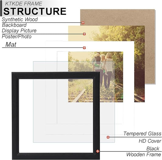 KTKDE 8x8 Picture Frame Real Glass, Display Pictures 4x4 with Mat or 8x8 Without Mat, Modern Style Wood Composite Frame,Black Gallery Wall Frame & Table Top Display,best gift