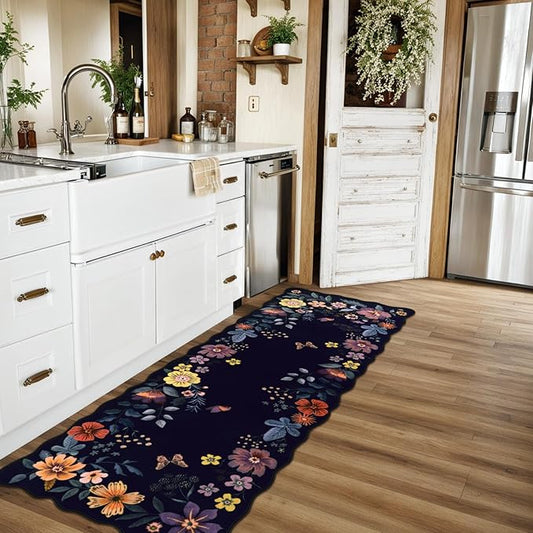 Lahome Floral Kitchen Runner, 2X6 Washable Runner Rug Non-Slip, Ultra-Thin Soft Hallway Rug Stain Resistant Boho Low-Pile Carpet for Laundry Bathroom Bedroom Flore (2x6ft,Purple)