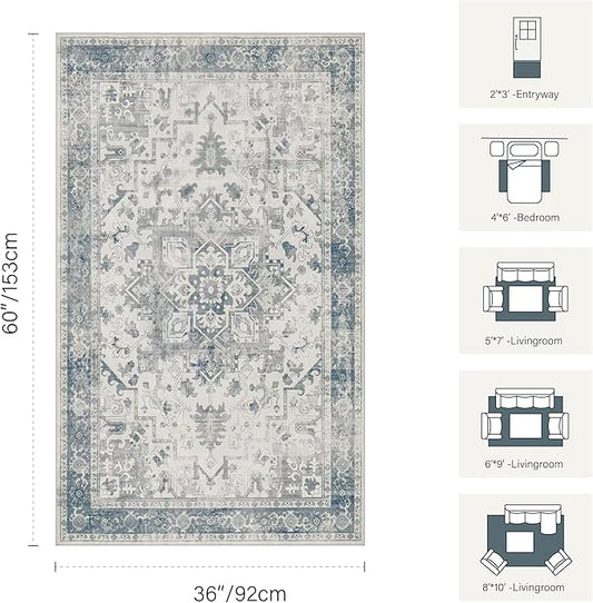 Rugxara 3x5 Washable Entryway Rug, Non Slip Boho Runner Rugs for Hallway, Entrance, Kitchen, Bathroom, Laundry Room, Soft Entryway Carpet, Throw Low Pile Retro Imitation Wool Carpet, Light Blue Grey