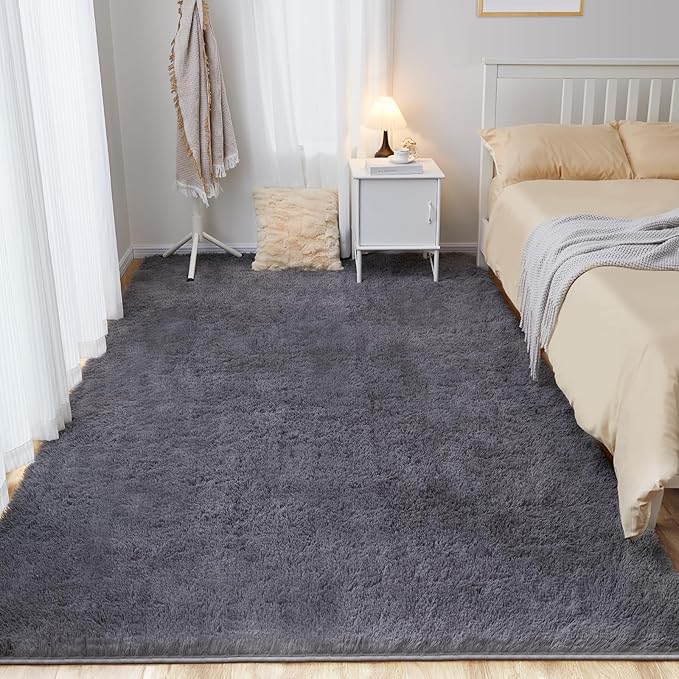 Puremy 6x9 Super Soft Grey Rugs for Living Room, Fluffy Shaggy Area Rug for Bedroom, Anti-Skid High Pile Indoor Carpet for Nursery, Kids Room, Bedside, Home Decoration
