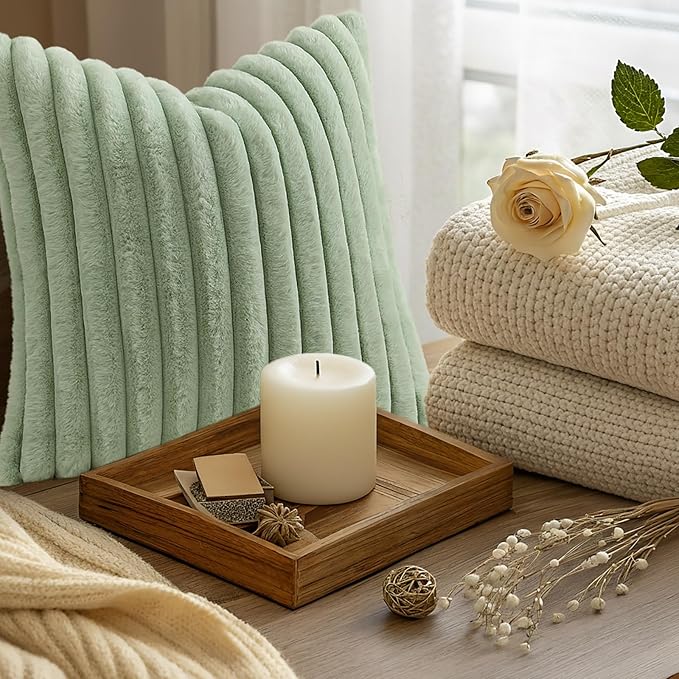 decorUhome Summer Cozy Faux Fur Throw Pillow Covers 18x18 Set of 2 Decorative Soft Plush Striped Modern Farmhouse Boho Couch Pillow Cases with Velvet Back for Sofa Bed Living Room, Sage Green