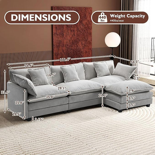 Ihanherry 111.4" L Shaped Modern Sofa Modular Sectional Cloud Couch with Ottoman, 4-Seat Chenille Deep Seat Sofa with Pillow for Living Room, Bedroom and Apartment, Grey