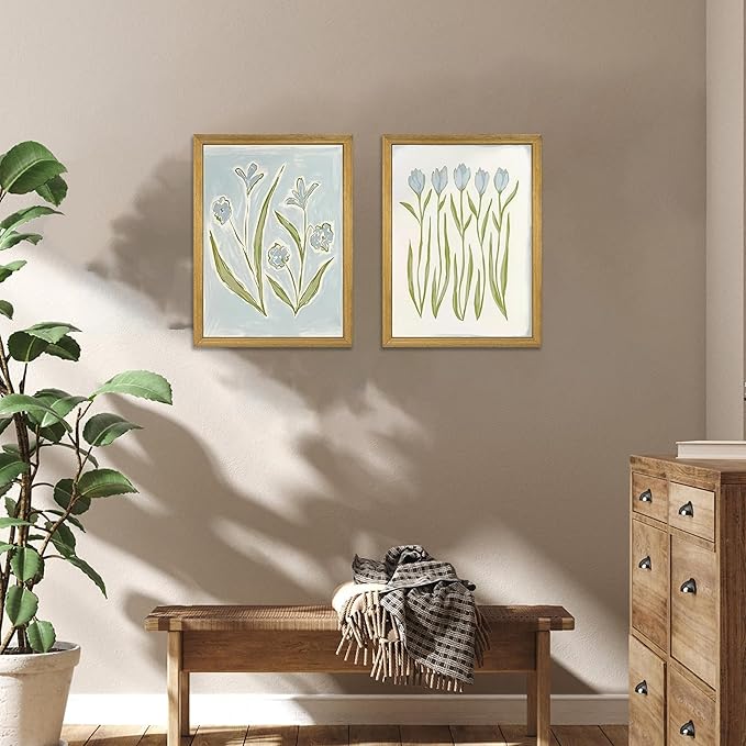 wanyun Blue Tulip Flower Wall Art Set of 2, Watercolor Floral Preppy Canvas Poster Prints, Modern Botanical Painting Aesthetic Picture for Living Room Bedroom Bathroom Apartment Wall Decor 12x16 Inch Framed