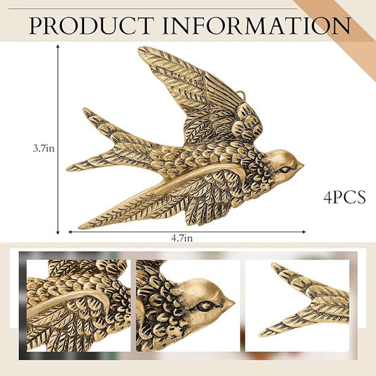 4 Pcs Vintage Bird Wall Sculpture Decor Art 4.7 Inch Antique 3D Sculpted Hanging Bird Resin Wall Art Golden Brass Floating Ornament for Living Room Garden Outdoor, Gifts for Couples Housewarming