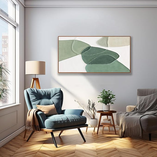 Framed Wall Art Canvas Artwork Green And White Geometric Color Block Line Art Canvas Paintings Wall Decor Modern Home Bedroom Art Office Decor 20"X 40" Framed Ready To Hang