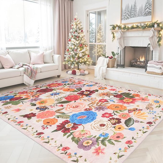 Pink/Beige Living Room Area Rugs 5x7 for Bedroom Ultra-Thin Soft, Non-Slip Washable Stain Resistant Boho Low-Pile Throw Rug for Dining Room Office